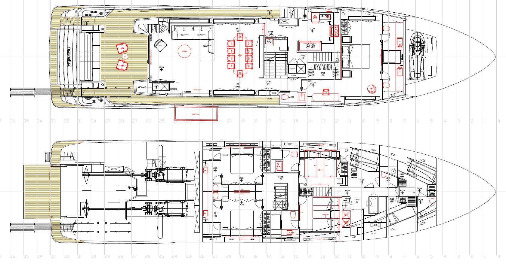 Custom Line Navetta 33 main and lower deck arrangement