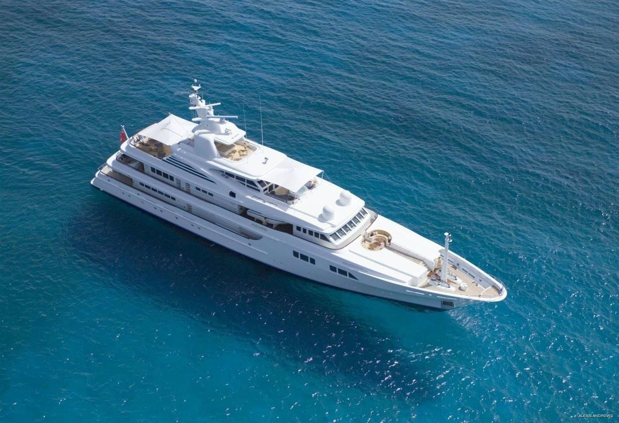 Aerial view of Feadship Paraffin underway in clear water